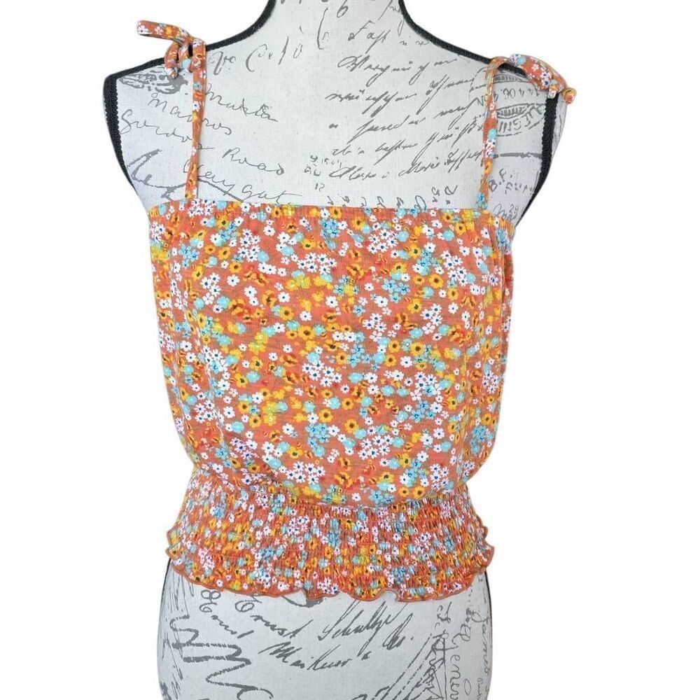 Crave Fame Women's Size Small Orange Floral Cropped Shoulder Tie Cami Tank